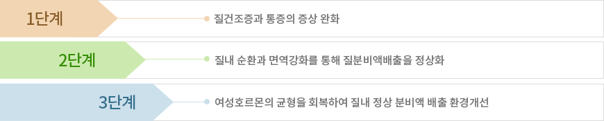 1단계 질건조증과 통증의 증상 완화 2단계 질내 순환과 면역강화를 통해 질분비액배출을 정상화 3단계 여성호르몬의 균형을 회복하여 질내 정상 분비액 배출 환경개선